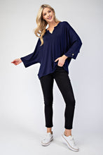 Load image into Gallery viewer, Notched Three-Quarter Sleeve Blouse in Navy
