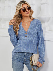 Ribbed Notched Long Sleeve Top (multiple color options)