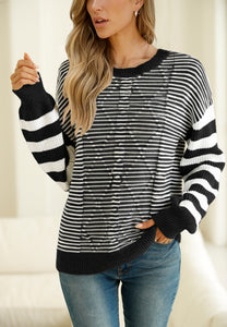 Striped Round Neck Dropped Shoulder Sweater (multiple color options)