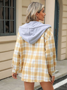 Drawstring Plaid Button Up Hooded Jacket (multiple color options)