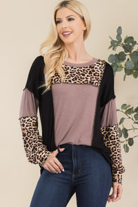 Leopard Color Block Exposed Seam Top