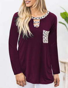 Cutout Leopard Round Neck Long Sleeve T-Shirt (multiple color options)