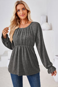 Ruched Round Neck Flounce Sleeve Blouse (multiple color options)