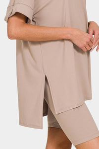 V-Neck Short Sleeve Slit T-Shirt and Shorts Set in Ash Mocha