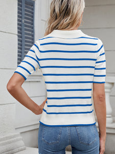 Striped Johnny Collar Short Sleeve Sweater (multiple color options)