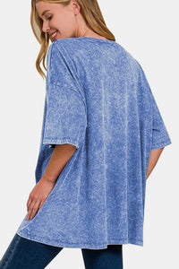 Washed Round Neck Drop Shoulder Oversized T-Shirt in Blue