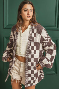 Checkered Open Front Long Sleeve Cardigan (multiple color options)