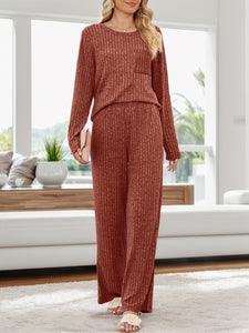 Round Neck Long Sleeve Top and Pants Lounge Set  (multiple color options)