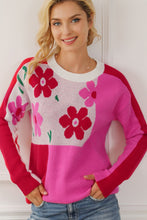 Load image into Gallery viewer, Flower Color Block Round Neck Sweater
