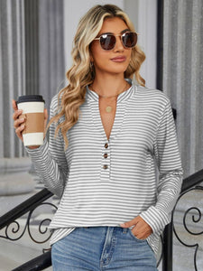 Striped Notched Long Sleeve Top (multiple color options)