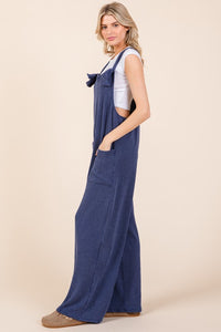 Knot Straps Wide Leg Ribbed Overalls with Pockets in Navy