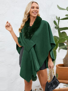 Fuzzy Trim Open Front Poncho (multiple color options)