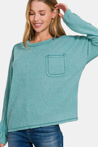 Contrast Stitching Brushed Ribbed Hacci Knit Top in Teal