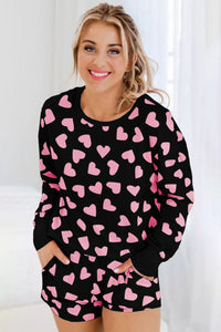 Heart Print Long Sleeve Top and Shorts Lounge Set (2 color options)