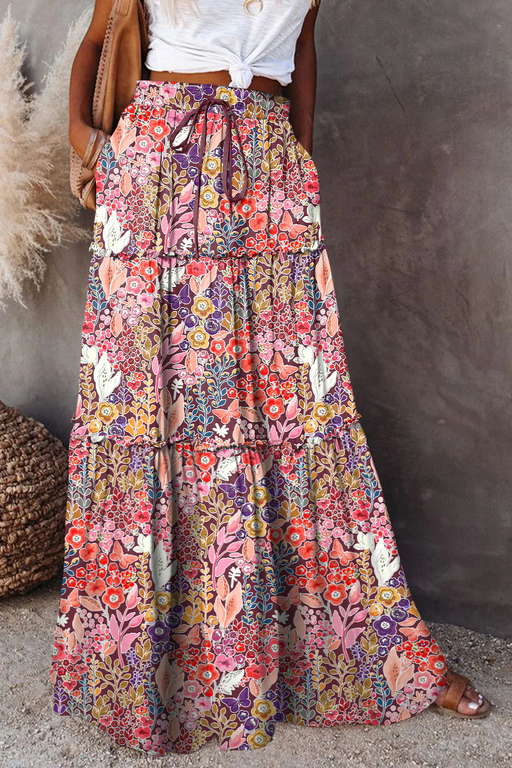 Color Me Wonderful Floral Frill Trim Tiered Maxi Skirt
