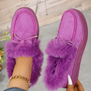 Bow Furry Round Toe Flat Slip-Ons (multiple color options)