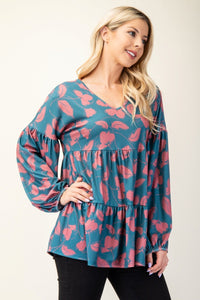 Tiered Floral V-Neck Long Sleeve Blouse