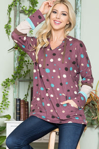 Polka Dot Drawstring Hoodie in Plum