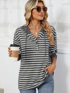 Drawstring Striped Long Sleeve Hoodie (multiple color options)