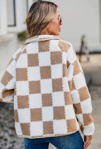 Checkered Snap Down Long Sleeve Teddy Jacket  (multiple color options)