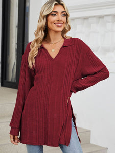 Slit Johnny Collar Long Sleeve Top (multiple color options)