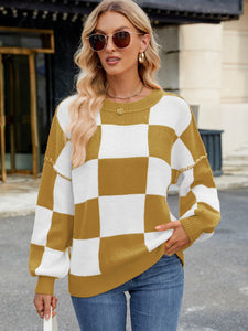 Checkered Round Neck Long Sleeve Sweater (multiple color options)