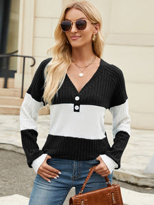 Contrast V-Neck Long Sleeve Top  (multiple color options)