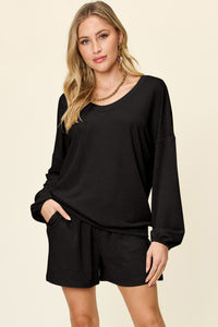 Texture V-Neck Long Sleeve T-Shirt and Shorts Set (multiple color options)