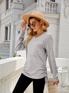 Drawstring V-Neck Long Sleeve Top (multiple color options)