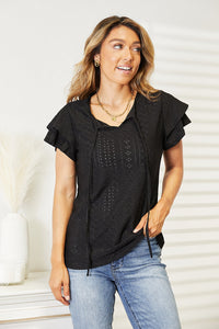 The Simple Touches Eyelet Tie-Neck Flutter Sleeve Blouse (multiple color options)