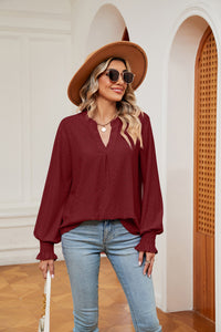 Notched Neck Flounce Sleeve Blouse (multiple color options)