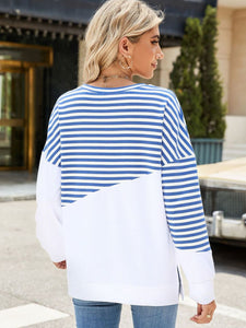 Slit Contrast Striped Long Sleeve Sweatshirt (multiple color options)