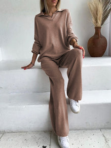 Johnny Collar Long Sleeve Top and Pants Sweater Set (multiple color options)