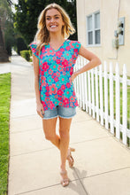 Load image into Gallery viewer, Flower Power Blue V Neck Flutter Sleeve Woven Blouse
