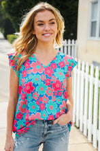 Load image into Gallery viewer, Flower Power Blue V Neck Flutter Sleeve Woven Blouse
