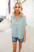 Load image into Gallery viewer, Casual Chic Sage Linen Notch Neck Dolman Short Sleeve Top
