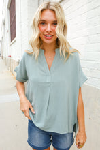 Load image into Gallery viewer, Casual Chic Sage Linen Notch Neck Dolman Short Sleeve Top
