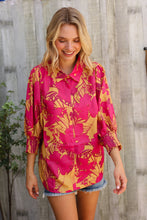 Load image into Gallery viewer, Elegant In Fuchsia &amp; Gold Satin Button-Down Smock Long Sleeve Bouse
