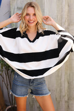 Load image into Gallery viewer, The Traveler Black/White Stripe Dolman Notch Neck Sweater Poncho
