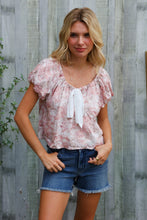 Load image into Gallery viewer, Feeling Femme' Blush Scoop Neck Bubble Sleeve Floral Top w/Bow
