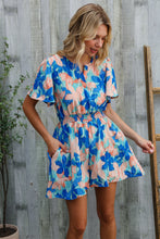 Load image into Gallery viewer, Feeling Bold Turquoise Floral Smocked Waist Flutter Sleeve Romper
