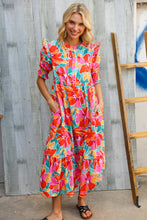 Load image into Gallery viewer, Dazzle In Orange &amp; Aqua Floral Smocked Notched Neck Midi Dress
