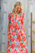 Load image into Gallery viewer, Dazzle In Orange &amp; Aqua Floral Smocked Notched Neck Midi Dress
