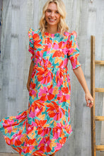Load image into Gallery viewer, Dazzle In Orange &amp; Aqua Floral Smocked Notched Neck Midi Dress
