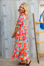 Load image into Gallery viewer, Dazzle In Orange &amp; Aqua Floral Smocked Notched Neck Midi Dress
