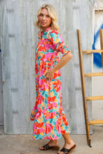 Load image into Gallery viewer, Dazzle In Orange &amp; Aqua Floral Smocked Notched Neck Midi Dress
