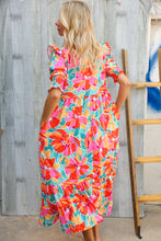 Load image into Gallery viewer, Dazzle In Orange &amp; Aqua Floral Smocked Notched Neck Midi Dress
