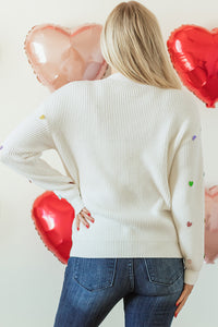 Heart Sequin Round Neck Long Sleeve Sweater