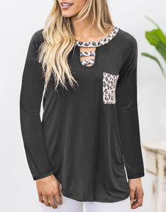 Cutout Leopard Round Neck Long Sleeve T-Shirt (multiple color options)