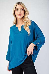 Notched Three-Quarter Sleeve Blouse in Teal